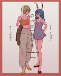  2girls adapted_costume animal_ears bangs beige_pants blonde_hair blue_hair braid breasts cleavage dress earclip english_text floppy_ears full_body hand_in_pocket hand_on_hip high_heels looking_at_another medium_breasts midriff multiple_girls oi_yoi_0 orange_tank_top rabbit_ears red_eyes red_footwear ringo_(touhou) seiran_(touhou) short_dress short_hair small_breasts standing tank_top touhou twin_braids white_background yellow_eyes yellow_footwear 