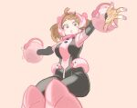  1girl arms_up blush bodysuit boku_no_hero_academia breasts brown_eyes brown_hair large_breasts looking_at_viewer open_mouth pink_background short_hair simple_background skin_tight solo uraraka_ochako yuuki_(irodo_rhythm) 