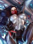  1girl black_hair bodysuit breasts character_doll cleavage from_below highres huge_breasts long_hair looking_at_viewer marvel mask motion_blur patreon_username red_mask silk_(marvel) solo spider-man tight yam_spectrum 