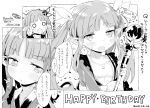  1girl :t bangs blank_eyes blunt_bangs blush bow bra child dated greyscale hair_bow happy_birthday height holding holding_staff jacket kereno kyouka_(princess_connect!) long_hair looking_at_viewer monochrome multiple_views open_clothes open_jacket open_mouth pointy_ears princess_connect! staff training_bra translated twintails underwear weight 