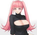  1girl :p alternate_costume bangs black_sweater blunt_bangs breasts cleavage cleavage_cutout closed_mouth clothing_cutout commentary desspie english_commentary eyebrows_visible_through_hair fire_emblem fire_emblem:_three_houses highres hilda_valentine_goneril large_breasts long_hair looking_at_viewer meme_attire naked_sweater open-chest_sweater pink_eyes pink_hair ribbed_sweater sidelocks simple_background smile solo sweater tongue tongue_out turtleneck turtleneck_sweater twintails very_long_hair white_background 