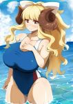  1girl ahoge alternate_costume alternate_hairstyle anila_(granblue_fantasy) blonde_hair blush bow breasts cleavage cloud cloudy_sky covered_navel curled_horns draph eyebrows_visible_through_hair granblue_fantasy groin hair_bow highres hikimayu horns huge_breasts ocean one-piece_swimsuit ponytail raiden_(raiden_labo) sky smile solo sweat swimsuit taut_clothes taut_swimsuit wading wavy_hair yellow_eyes 