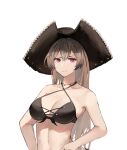  1girl absurdres artist_name azur_lane bare_shoulders bikini bikini_top black_headwear breasts brown_bikini brown_hair brown_swimsuit cleavage closed_mouth collarbone criss-cross_halter eyebrows_visible_through_hair halterneck hands_on_hips hat highres jean_bart_(azur_lane) jean_bart_(private_apres_midi)_(azur_lane) jewelry long_hair looking_at_viewer medium_breasts midoku necklace official_alternate_costume pirate_hat purple_eyes solo swimsuit upper_body white_background 
