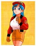  1girl aaronhibiki bare_legs baseball_cap blue_hair blush border breasts bulma commentary dragon_ball dragon_ball_(classic) dragon_radar gloves hat highres jacket large_breasts long_hair looking_at_viewer outside_border red_headwear red_jacket shirt short_shorts shorts simple_background solo standing star_(symbol) t-shirt thighs white_border white_shirt yellow_background yellow_gloves 