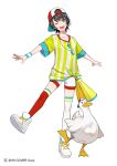  1girl ;d asymmetrical_legwear backwards_hat bangs baseball_cap bird black_hair blue_eyes breasts commentary cross-laced_footwear duck eyebrows_visible_through_hair full_body hat highres hololive lam_(ramdayo) looking_at_viewer megaphone mismatched_legwear official_art one_eye_closed oozora_subaru open_mouth outstretched_arms red_legwear shirt shoes short_hair short_shorts shorts simple_background small_breasts smile sneakers solo standing standing_on_one_leg stopwatch stopwatch_around_neck striped striped_shirt subaru_duck sweatband swept_bangs thighhighs tied_shirt vertical-striped_shirt vertical_stripes virtual_youtuber watch watermark whistle whistle_around_neck white_background white_footwear white_legwear white_shorts yellow_shirt zettai_ryouiki 