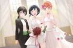  3girls absurdres akaisu2035 alternate_hairstyle black_hair bouquet bow bowtie bracelet braid bride closed_eyes collar collarbone curtains dress earrings english_commentary flower formal green_eyes groom hair_flower hair_ornament highres holding holding_bouquet indoors jewelry lips locked_arms long_hair looking_at_viewer love_live! love_live!_nijigasaki_high_school_idol_club medium_hair multiple_girls open_mouth orange_hair pants petals polygamy ponytail shirt smile suit takasaki_yuu teeth uehara_ayumu upper_teeth wedding wedding_dress wife_and_wife wife_and_wife_and_wife window yellow_eyes yuri yuuki_setsuna_(love_live!) 