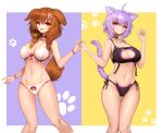  2girls :d ahoge animal_collar animal_ear_fluff animal_ears bangs black_bra black_collar black_panties bone_hair_ornament bow bow_bra bow_panties bra braid breasts brown_eyes brown_hair cartoon_bone cat_cutout cat_ear_panties cat_ears cat_girl cat_lingerie cat_tail cleavage_cutout closed_mouth clothing_cutout collar collarbone commentary crossed_bangs dog_ears dog_girl dog_tail english_commentary groin hair_between_eyes hair_ornament hair_over_shoulder hand_up head_tilt highres holding_hands hololive inugami_korone large_breasts long_hair looking_at_viewer meme_attire multiple_girls navel nekomata_okayu notte open_mouth panties paw_print paw_print_background purple_background purple_eyes purple_hair red_bow red_collar shiny shiny_skin short_hair side-tie_panties side_braids smile standing stomach strapless strapless_bra tail thigh_gap twin_braids two-tone_background underwear underwear_only virtual_youtuber white_bra white_panties wristband yellow_background 