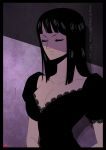  1girl bangs black_border black_dress black_hair blunt_bangs border breasts chris_re5 cleavage closed_eyes collarbone commentary_request dress frown large_breasts long_hair nico_robin one_piece purple_background shade sidelocks signature solo twitter_username upper_body v-shaped_eyebrows 