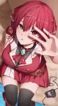  1girl absurdres belt blurry covering_eyes depth_of_field eyepatch from_above heterochromia highres hololive houshou_marine red_hair sitting skirt solo starblue thighhighs virtual_youtuber zettai_ryouiki 