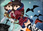  2girls absurdres aqua_dress aqua_headwear bandaged_leg bandages bat beret black_gloves black_horns black_legwear braid braided_ponytail brown_eyes brown_hair closed_mouth cross demon_horns dress frown girls_und_panzer girls_und_panzer_senshadou_daisakusen! gloves hair_ribbon halloween halloween_costume hand_on_another&#039;s_face hat highres holding holding_sword holding_weapon hood hood_down hooded_dress horns isobe_noriko leaning_forward leg_up long_hair long_sleeves looking_at_viewer looking_back multiple_girls night official_alternate_costume open_mouth purple_dress red_footwear red_pupils red_ribbon ribbon rukuriri_(girls_und_panzer) saber_(weapon) shoes short_dress short_hair silk single_braid smile spider_web standing standing_on_one_leg star_(symbol) sword tanutika thighhighs weapon 