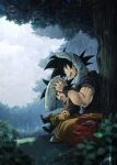  2boys :d bag black_hair boots child dougi dragon_ball dragon_ball_z drying drying_hair father_and_son happy highres holding holding_towel long_sleeves male_focus mattari_illust multiple_boys open_mouth outdoors rain sitting sky smile son_goku son_goten spiked_hair towel towel_on_head tree under_tree wet wet_hair 