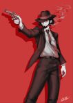  1boy absurdres beard black_hair black_headwear black_jacket black_pants cigarette closed_mouth collared_shirt commentary_request dress_shirt drop_shadow facial_hair feet_out_of_frame formal grey_shirt gun hat highres holding holding_gun holding_weapon jacket jigen_daisuke long_sleeves looking_away lupin_iii male_focus mouth_hold necktie open_clothes open_jacket pants purple_necktie red_background red_eyes revolver shirt signature simple_background smoke smoking solo suit tie_clip weapon whitter 