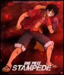  1boy abs angry bare_pectorals black_hair blood blood_on_hands chris_re5 clenched_hands clenched_teeth commentary_request constricted_pupils full_body hat_on_back male_focus monkey_d._luffy one_piece one_piece:_stampede open_clothes open_shirt pectorals red_background sandals scar scar_on_chest shorts signature solo teeth 