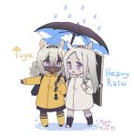  2girls animal_ears arknights artist_name camel_ears character_name chibi dated english_text heavyrain_(arknights) highres mad_ryouko multiple_girls puddle rain raincoat tuye_(arknights) umbrella water_drop zebra_ears zebra_girl 