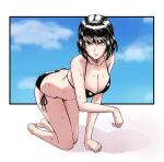  1girl all_fours bangs barefoot bikini black_bikini black_hair black_ribbon breasts cleavage collarbone fubuki_(one-punch_man) full_body green_eyes hair_between_eyes halterneck large_breasts looking_at_viewer ogi_non one-punch_man parted_lips ribbon shiny shiny_hair shiny_skin short_hair side-tie_bikini sketch solo string_bikini sweatdrop swimsuit 