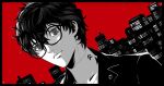  1boy amamiya_ren border building chris_re5 city commentary_request dutch_angle glasses greyscale jacket male_focus monochrome persona persona_5 portrait red_background signature solo spot_color turtleneck twitter_username 