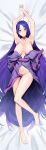  1girl absurdres areola_slip areolae bangs barefoot bed_sheet blush breasts closed_mouth commentary dakimakura_(medium) eyebrows_visible_through_hair fate/grand_order fate_(series) full_body highres japanese_clothes kimono large_breasts long_hair looking_at_viewer memero_7272 minamoto_no_raikou_(fate) parted_bangs purple_eyes purple_hair solo unmoving_pattern very_long_hair yagasuri yukata 