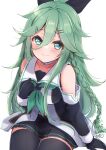  1girl absurdres aqua_eyes artist_name black_gloves black_legwear black_ribbon black_serafuku black_skirt braid closed_mouth collarbone dated elbow_gloves eyebrows_visible_through_hair gloves green_hair green_neckerchief hair_between_eyes hair_flaps hair_ribbon highres kantai_collection long_hair mashiro_yukiya neckerchief pleated_skirt ponytail remodel_(kantai_collection) ribbon school_uniform serafuku signature simple_background skirt smile solo thighhighs twin_braids white_background yamakaze_(kancolle) yamakaze_kai_ni_(kancolle) 