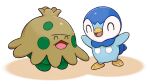  closed_eyes commentary_request no_humans official_art open_mouth outstretched_arms piplup pokemon pokemon_(creature) project_pochama shroomish smile standing toes tongue white_background 