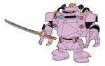  absurdres cable claws commentary_request crossover fusion gundam highres holding holding_sword holding_weapon koubu looking_ahead mecha mobile_suit_gundam no_humans reprilo_channel sakura_taisen solo standing super_robot_wars super_robot_wars_30 sword weapon white_background zock 