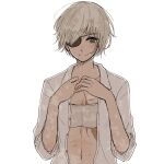  1girl bangs black_eyepatch blush bra closed_mouth collarbone collared_shirt eyepatch flat_chest grey_background grey_bra grey_shirt hands_up highres long_sleeves looking_at_viewer mutsuki_tooru navel open_clothes open_shirt shirt short_hair simple_background sketch smile solo tokyo_ghoul tokyo_ghoul:re toukaairab underwear upper_body 