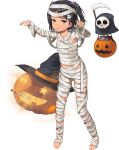  1girl bandages barefoot black_eyes black_hair braid candy chocolate food full_body ghost grey_eyes hair_ornament halloween halloween_costume jack-o&#039;-lantern jiji kantai_collection mole mole_under_eye mummy mummy_costume naked_bandage official_art open_mouth scirocco_(kancolle) short_hair skull_hair_ornament solo tan transparent_background turret two_side_up 