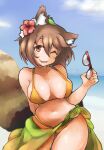  1girl ;d animal_ear_fluff animal_ears arm_behind_back bangs beach bikini blush breasts brown_hair cloud commentary_request cowboy_shot eyewear_removed fang flower futatsuiwa_mamizou green_sarong hair_flower hair_ornament hand_up head_tilt highres holding holding_eyewear large_breasts leaf leaf_on_head looking_at_viewer one_eye_closed open_mouth raccoon_ears raccoon_tail red-framed_eyewear sarong short_hair smile solo swimsuit tail thighs touhou water yellow_bikini yoshiyuki_(14330975) 
