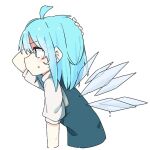  1girl ahoge bangs blue_eyes blue_hair blue_vest cirno commentary_request cropped_torso detached_wings from_side hand_on_own_head hand_up ice ice_wings kae_karee leaning_forward medium_hair no_headwear no_ribbon profile shirt short_sleeves simple_background solo touhou upper_body vest white_background white_shirt wings 