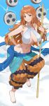  1girl armlet barefoot breasts brown_eyes cleavage commentary commission cosplay earrings enel enel_(cosplay) english_commentary feet grin halterneck hand_on_hip harem_outfit highres hood_(james_x) jewelry large_breasts looking_at_viewer nami_(one_piece) navel one_piece orange_hair sash smile solo 