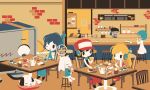  2boys 3girls :&gt; balrog_(doukutsu_monogatari) black_hair blonde_hair cobalta coffee_cup coffee_mug cup curly_brace disposable_cup doughnut doukutsu_monogatari food hat highres holding holding_cup indoors long_hair looking_at_another malco misery mug multiple_boys multiple_girls open_mouth parted_lips plate quote_(doukutsu_monogatari) red_headwear robot sakamoto_kazuma sakamoto_sue short_hair smile table teapot 