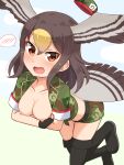  1girl absurdres arms_under_breasts bangs belt bird_tail bird_wings black_footwear black_gloves black_hair blonde_hair blush boots breasts brown_eyes camouflage camouflage_shirt camouflage_shorts collarbone commentary_request embarrassed fingerless_gloves gloves hair_between_eyes hat hat_removed head_wings headwear_removed highres japari_symbol japari_symbol_print kemono_friends leaning_forward long_hair looking_at_viewer medium_breasts multicolored_hair nipples northern_goshawk_(kemono_friends) open_clothes open_mouth open_shirt shiraha_maru shirt short_shorts short_sleeves shorts solo spoken_blush tail tears thigh_boots thighhighs wings 