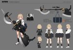  1girl absurdres artist_name axe bag black_jacket black_legwear black_serafuku black_skirt blonde_hair blue_bag brown_eyes character_sheet charm_(object) closed_mouth concept_art eyebrows_visible_through_hair fingernails flat_color grey_background highres holding holding_axe holding_polearm holding_weapon hood hood_down hooded_jacket jacket medium_hair multicolored_clothes multiple_views necktie neckwear_request open_clothes open_jacket orange_necktie original parted_lips photo_inset polearm reference_inset sbbs school_bag school_uniform serafuku shoes simple_background skirt sneakers socks standing stuffed_animal stuffed_toy teddy_bear translation_request uniform weapon white_footwear white_jacket 
