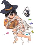  1girl bandages black_eyes black_hair braid candy food full_body ghost halloween halloween_costume jack-o&#039;-lantern jiji kantai_collection mole mole_under_eye mummy mummy_costume naked_bandage official_art scirocco_(kancolle) short_hair tan transparent_background two_side_up 