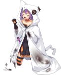  1girl cloak collarbone full_body halloween halloween_costume hood hooded_cloak kantai_collection kneeling long_sleeves off_shoulder official_alternate_costume official_art purple_hair red_eyes short_hair solo striped striped_legwear tama_(kancolle) thighhighs transparent_background ugume white_cloak 