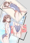  1girl absurdres adjusting_clothes adjusting_swimsuit ass bangs barefoot blush breasts brown_eyes brown_hair competition_swimsuit cowboy_shot eyebrows_visible_through_hair flower grey_swimsuit hair_between_eyes hair_flower hair_ornament highres lying misaka_mikoto niea on_back one-piece_swimsuit open_mouth shiny shiny_hair short_hair sketch small_breasts solo swimsuit toaru_kagaku_no_railgun toaru_majutsu_no_index wading wet wet_hair white_flower 