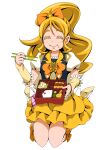  1girl ^_^ absurdres bangs black_vest blonde_hair bow chopsticks closed_eyes clover_earrings colored_eyelashes cure_honey detached_sleeves earrings eating ebura_din eyebrows_visible_through_hair facing_viewer food food_on_face full_body hair_between_eyes hair_bow happinesscharge_precure! high_heels highres holding holding_chopsticks jewelry kneeling long_hair miniskirt oomori_yuuko orange_bow precure rice rice_on_face shiny shiny_hair short_sleeves simple_background skirt solo vest white_background white_sleeves yellow_skirt yellow_sleeves 