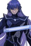  1boy androgynous armor bangs bodysuit eyelashes long_hair looking_at_viewer male_focus morimiya_(kuroro) protagonist_(smtv) purple_hair shin_megami_tensei shin_megami_tensei_v simple_background solo sword very_long_hair weapon yellow_eyes 