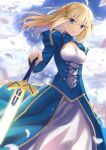  1girl ahoge alternate_hairstyle artoria_pendragon_(fate) bangs blonde_hair blue_dress blue_sky breasts cleavage_cutout closed_mouth clothing_cutout cloud commentary_request day dress excalibur_(fate/stay_night) eyebrows_visible_through_hair fate/grand_order fate/stay_night fate_(series) fingernails floating_hair glowing glowing_sword glowing_weapon green_eyes hair_between_eyes hair_down highres holding holding_sword holding_weapon juliet_sleeves lips long_hair long_sleeves looking_at_viewer medium_breasts neko_daruma outdoors petals pink_lips puffy_sleeves saber sky smile solo sword weapon 