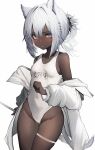  1girl absurdres animal_ears arknights blue_eyes blush breasts camel_ears dark-skinned_female dark_skin hair_between_eyes highres one-piece_swimsuit short_hair simple_background small_breasts solo swimsuit tab_head tuye_(arknights) white_background white_hair white_swimsuit 