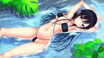  1girl armpits arms_up ass_visible_through_thighs bangs bare_arms bikini black_bikini black_hair breasts cleavage collarbone commentary_request criss-cross_halter crossed_wrists eyebrows_visible_through_hair feet_out_of_frame from_above halterneck highres kurokami_(kurokaminohito) kurono_mika long_hair looking_at_viewer lying medium_breasts navel on_back original parted_lips purple_eyes shallow_water smile solo stomach swimsuit underboob untied untied_bikini water 