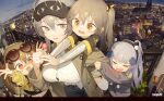  4girls absurdres bandaid bandaid_on_nose bangs black_hairband blunt_bangs breasts brown_hair candy carrying city cityscape closed_eyes coat eyewear_on_head food g11_(girls&#039;_frontline) girls&#039;_frontline grey_eyes grey_hair hair_between_eyes hair_ornament hairband highres hk416_(girls&#039;_frontline) holding holding_candy holding_food holding_lollipop large_breasts layered_sleeves lollipop long_hair long_sleeves multiple_girls night older open_mouth piggyback scar scar_across_eye shirt short_over_long_sleeves short_sleeves silver_hair sleeves_past_wrists thighhighs tianliang_duohe_fangdongye ump45_(girls&#039;_frontline) ump9_(girls&#039;_frontline) white_legwear white_shirt yellow_eyes younger 