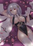  1girl arm_behind_head azur_lane baeg_mi bangs black_dress breast_curtains breasts closed_mouth covered_navel dress eyebrows_visible_through_hair garter_straps gloves highres large_breasts looking_at_viewer lying official_alternate_costume on_back petals purple_eyes short_hair silver_hair sirius_(azur_lane) sirius_(azure_horizons)_(azur_lane) solo thighhighs white_gloves white_legwear 
