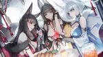  3girls absurdres akagi_(azur_lane) akagi_(ruby-laced_beauty)_(azur_lane) amagi_(azur_lane) amagi_(wending_waters_serene_lotus)_(azur_lane) animal_ear_fluff animal_ears azur_lane bangs between_breasts black_gloves black_hair blue_dress blue_eyes blue_nails bottle breasts bridal_gauntlets brown_tail champagne_flute chyan cleavage cocktail_dress cup dress drinking_glass evening_gown eyebrows_visible_through_hair fingerless_gloves fire flame food fork fox_ears fox_girl gloves halter_dress halterneck highres holding holding_bottle kaga_(azur_lane) kaga_(exalted_white_wings)_(azur_lane) kitsune large_breasts large_tail long_hair magic manjuu_(azur_lane) multiple_girls multiple_tails nail_polish official_alternate_costume pudding purple_eyes red_dress red_eyes red_nails round_table sakura_empire_(emblem) see-through see-through_sleeves short_hair sitting sleeveless sleeveless_dress table tail white_hair white_tail 