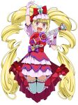  1girl :d absurdres aisaki_emiru arm_up bangs blonde_hair bow colored_eyelashes cure_macherie dress ebura_din eyebrows_visible_through_hair full_body gloves hair_bow highres holding holding_instrument hugtto!_precure instrument jumping layered_dress long_hair open_mouth pink_gloves pink_sleeves precure red_bow red_eyes shiny shiny_hair short_dress short_sleeves simple_background smile solo thighhighs twintails very_long_hair white_background white_legwear zettai_ryouiki 