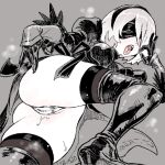  1girl ass boots cameltoe commentary_request fellatio_gesture gloves grey_background greyscale hairband hatching_(texture) high_heel_boots high_heels hounyouin lowres lying monochrome nier_(series) nier_automata on_side puffy_sleeves pussy_juice ribbon sexually_suggestive short_hair simple_background sketch solo spot_color steam steaming_body teeth thigh_boots thighhighs tongue tongue_out turtleneck upper_teeth yorha_no._2_type_b 