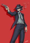  1boy absurdres beard black_hair black_headwear black_jacket black_pants cigarette closed_mouth collared_shirt commentary dress_shirt drop_shadow english_commentary facial_hair feet_out_of_frame formal grey_shirt gun hat highres holding holding_gun holding_weapon jacket jigen_daisuke long_sleeves looking_away lupin_iii male_focus mouth_hold necktie open_clothes open_jacket pants purple_necktie red_background red_eyes revolver shirt signature simple_background smoke smoking solo suit tie_clip weapon whitter 