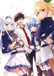  1boy 3girls :t ahoge alzano_school_uniform arm_behind_back bangs blonde_hair blue_capelet blue_eyes blue_hair blue_hairband blue_legwear blurry blurry_foreground blush book book_hug boots breasts briefcase brown_footwear capelet choker closed_mouth commentary_request cover_image cowboy_shot crop_top cross-laced_footwear dutch_angle eyebrows_visible_through_hair garter_straps glenn_radars gloves green_eyes green_ribbon grey_gloves hair_ornament hair_ribbon hair_tucking hairband highres holding holding_book holding_briefcase lace-up_boots long_hair looking_at_viewer looking_back midriff miniskirt mishima_kurone multiple_girls navel neck_ribbon object_hug official_art parted_lips petals pleated_skirt ponytail pout red_ribbon ribbon rokudenashi_majutsu_koushi_to_akashic_record rumia_tingel ryiel_rayford school_uniform shiny shiny_hair sidelocks silver_hair simple_background single_glove sistine_fibel skirt small_breasts smile straight_hair suspender_skirt suspenders textless thighhighs thighs white_background white_ribbon white_skirt wind wrist_cuffs zettai_ryouiki 