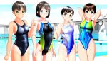  4girls absurdres armpits arms_up black_swimsuit blue_eyes blue_swimsuit blurry blurry_background bob_cut breasts brown_eyes clock competition_swimsuit day green_eyes hand_up highleg highres looking_at_viewer multiple_girls one-piece_swimsuit original outdoors pool short_hair small_breasts smile standing swimsuit takafumi tan tanlines v 