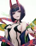  1girl b.d bangs bare_shoulders bob_cut breasts collarbone eyebrows_visible_through_hair eyeliner fate/grand_order fate_(series) headpiece highres horns japanese_clothes kimono long_sleeves looking_at_viewer makeup navel oni oni_horns purple_eyes purple_hair purple_kimono revealing_clothes short_hair shuten_douji_(fate) skin-covered_horns small_breasts wide_sleeves 