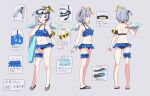  1girl absurdres amane_kanata armband bare_shoulders bikini blue_bikini blue_eyes butt_crack character_sheet choker collarbone commentary_request diving_mask diving_mask_on_head flat_chest frilled_bikini frills full_body goggles goggles_on_head grey_background grey_hair groin halo halter_top halterneck highres hololive innertube leg_garter multicolored_hair multiple_views navel one_side_up open_mouth raira_(kinounozikan) sandals short_hair simple_background single_wing star_halo streaked_hair swimsuit translation_request turnaround virtual_youtuber wings wrist_cuffs 